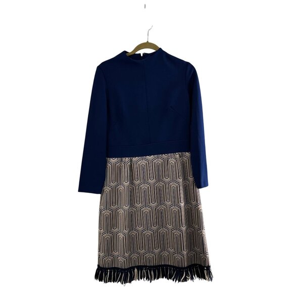 Navy Blue & Beige Geometric Pattern Dress Fringe Hem Western Cowgirl Boho Gypsy - Picture 1 of 5